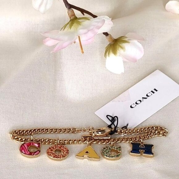 COACH Bracelet Signature Charm Pave Crystal Enamel Colorful Gold Tone NEW - Picture 4 of 12